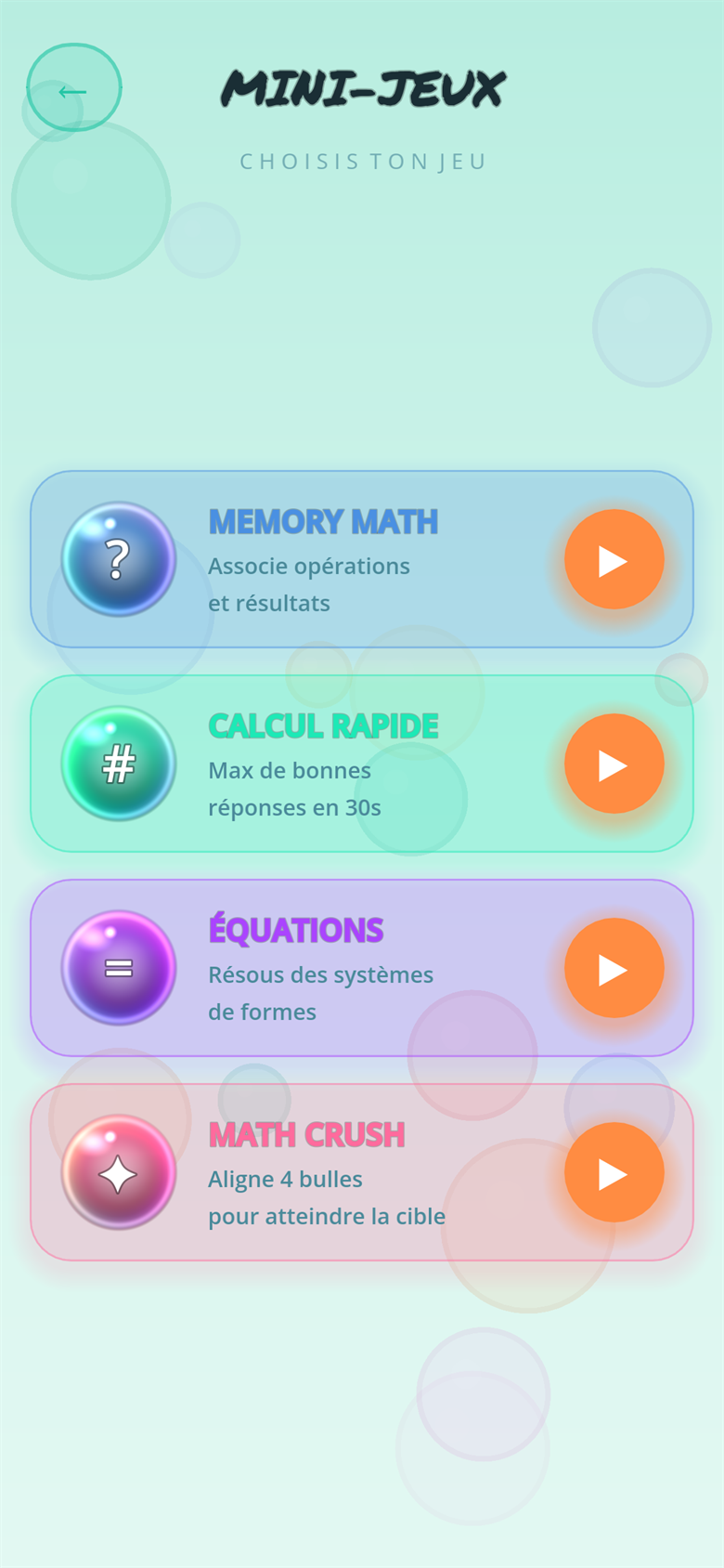 Hub des mini-jeux avec Memory Math, Calcul Rapide, Équations et Math Crush